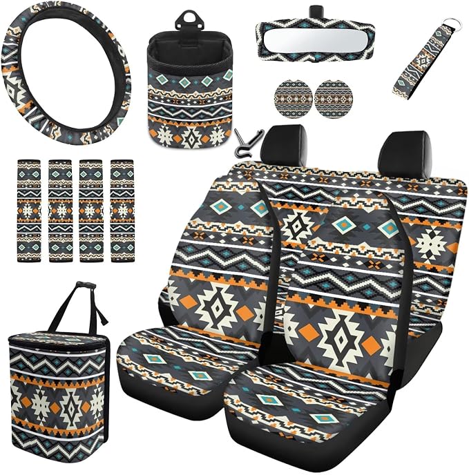 XYZCANDO Ethnic Style Auto Accessories Sets 15 PCS Car Seat Cover Set Steering Wheel Cover Seat Belt Pads Cover Garbage Bag Coasters Keychain Storage Box Car Rear View Mirror Cover for Sedans Van SUV