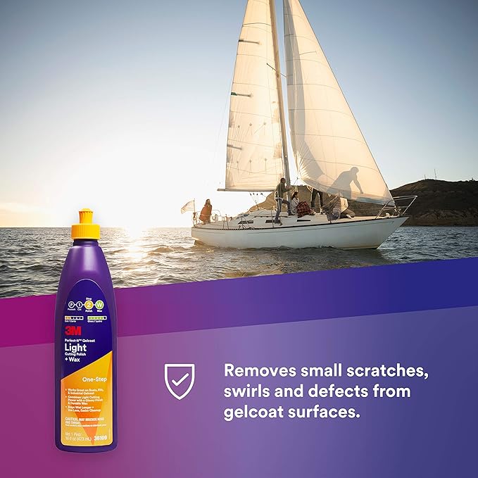 3M Perfect-It Gelcoat Light Cutting Polish + Wax, 36109, 1 Pint, One-Step Process, Removes Scratches and Swirls, Light Oxidation Remover for Boats and RVs
