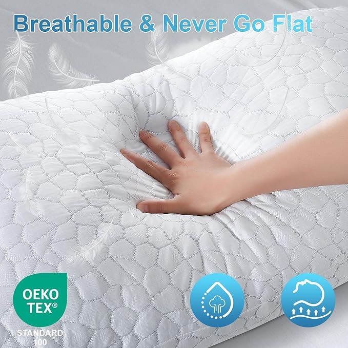 QUTOOL Cooling Pillow for Sleeping, CertiPUR-US Shredded Memory Foam Queen Pillows Set of 2, Cool Pillow for Hot Sleepers Adjustable Firm Pillow for Side, Back, Stomach Sleepers Soft Yet Support,White