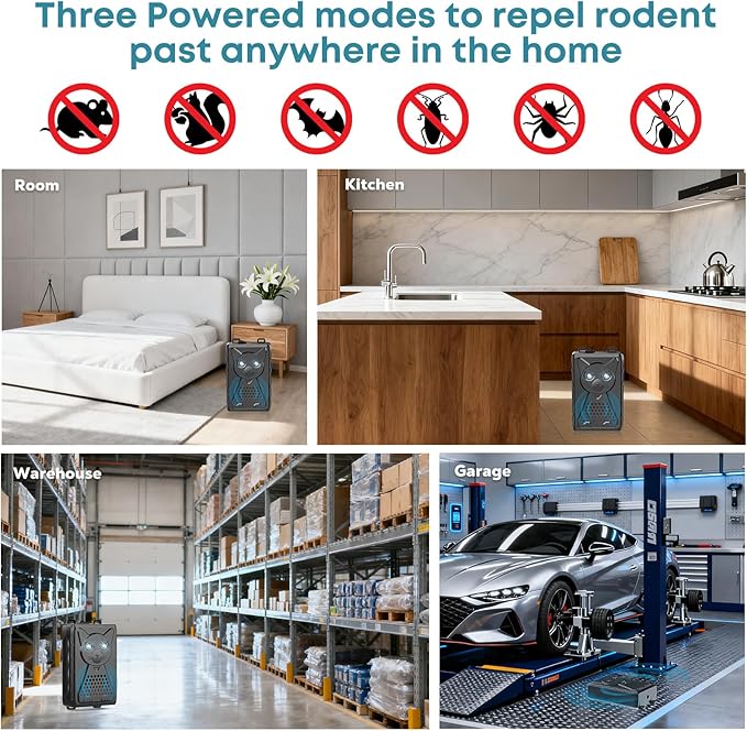 Ultrasonic Pest & Rodent Mouse Squirrels Repellent, Plug-in Electronic Rat Bat Bug Spider Repeller, Battery Operated Deterrent Control Mice for Car Engines, Replace Mouse Traps Indoor, Outdoor 2 Pack