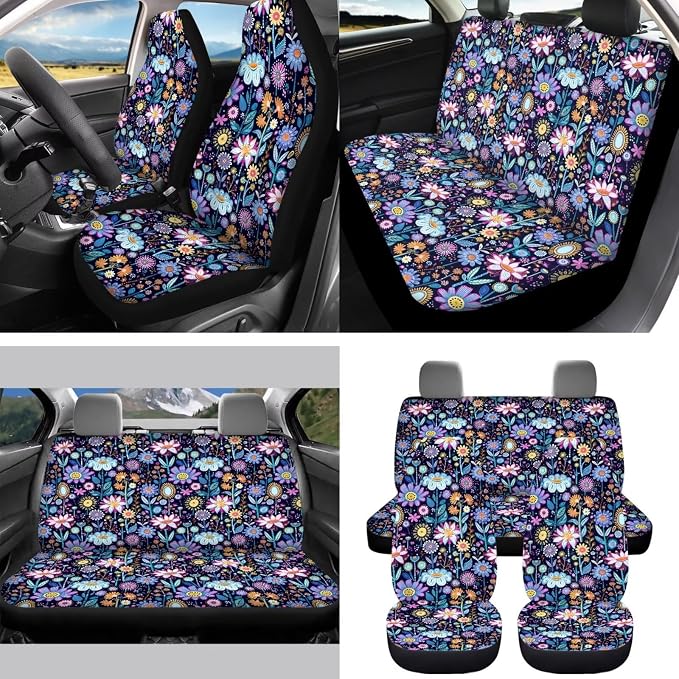15 Pcs Hippie Floral Car Seat Cover Full Set for Women with Car Steering Wheel Cover Seat Belt Cover Trash Bin Front Rear View Mirror Car Cup Holder Keychain