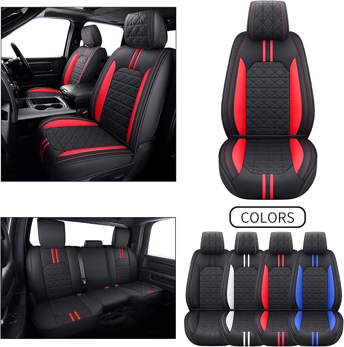 YIERTAI for Dodge RAM Seat Covers fit 2009-2025 2026 1500HD 2010-2023 2024 2025 2026 2500/3500HD Crew Double Quad Rebel Cab Laramie Big Long Horn Rebel Tradesman Leather(5 PCS Full Set/Black-Red)