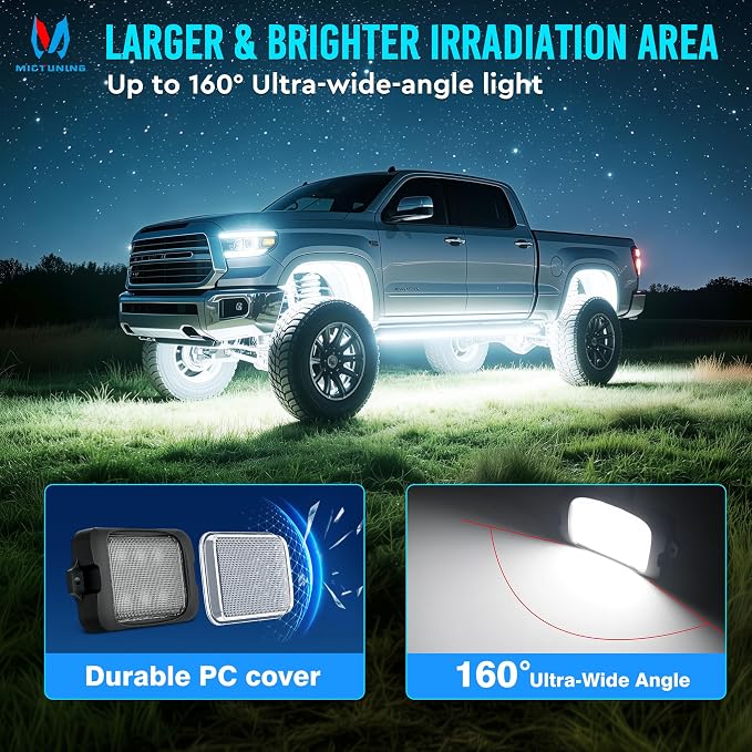MICTUNING C3 RGBW Rock Lights 20 Pods with Wiring Switch Kit | Expandable to 32 pods, MagicLink APP Control, 160° Wide Beam, IP68 Waterproof Multi-Color Neon Underglow Lights