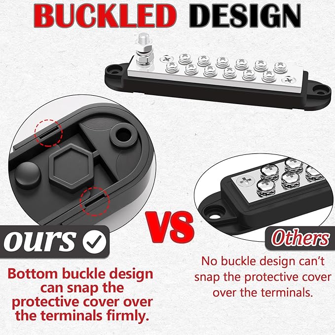 Marine Bus Bar 12V 150A 1/4" Stud Power Distribution Block, Buckle Designed Bottom Battery Busbar, Automotive Buss Bar 12v for Car, Boat and Solar Wiring (Black)