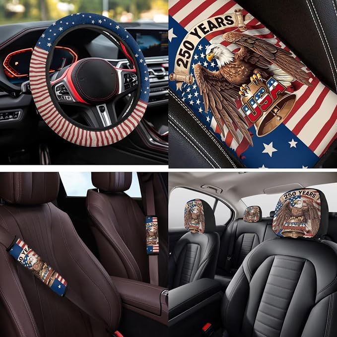Bulopur American Flag Eagle Auto Seat Covers Front and Rear with Steering Wheel Cover Center Console Cushion Car Seat Headrest Covers Seat Belt Pads 250 Years Anniversary Car Interior Decor Set