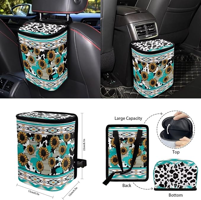 Blue Cow Pattern Sunflower Car Seat Covers Set with Seat Belt Cover, Trash Can & More - 15 Pack