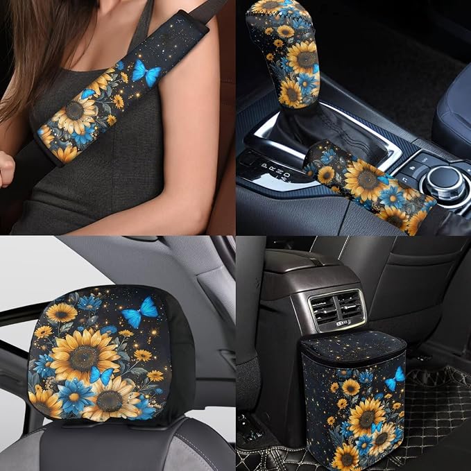 BIGCARJOB 15 Pcs Blue Butterfly Car Interior Sets for Women Car Seat Cover Sunflower Print Vehicle Bucket Seat Cover Full Set Trash Can Car Seat Headrest Pillow Cover Seat Belt Pads