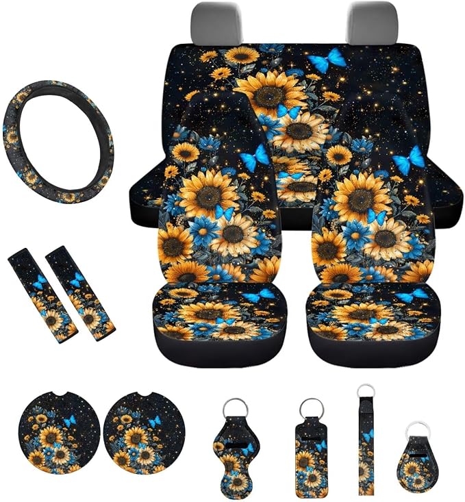 Blue Butterfly Sunflower Print Car Accessories Car Seat Covers Full Set with Steering Wheel Covers+Seat Belt Pads+Coasters+Keychain+Lipstick Holder Universal Fit(13 Pack)