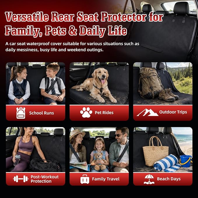 Car Seat Cover Towel, Waterproof Sweat Absorbent Back Seat Protector for Sedans SUVs & Minivans, Non-Slip Machine Washable Rear Bench Cover for Post-Gym, Beach, Pets & Kids (Black)