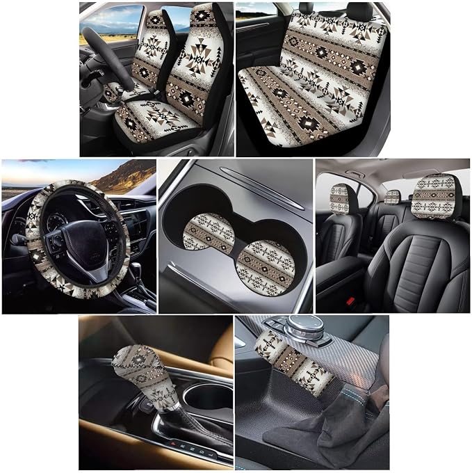 Wanyint Southwestern Aztec Brown Car Seat Cover Full Set for Women Men, with Cup Coasters Steering Wheel Protector Handbrake Gear Shift Knob Headrest Cover Auto Decor, Set of 11