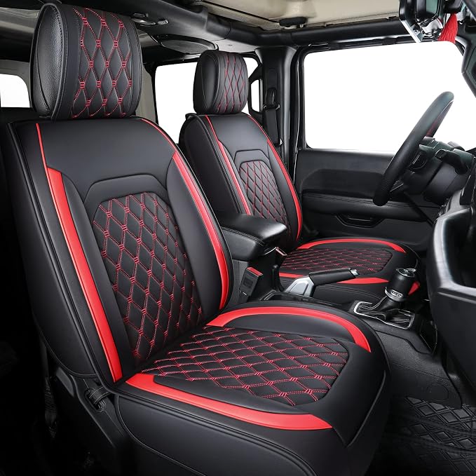 Aierxuan Jeep Wrangler JK JL Front Seat Covers Custom Fit 2/4 Door 2007-2026 Unlimited X Rubicon 392 Sahara Willys Sport High Altitude Truck Pickup Waterproof Leather(2 PCS Front/Black-Red)