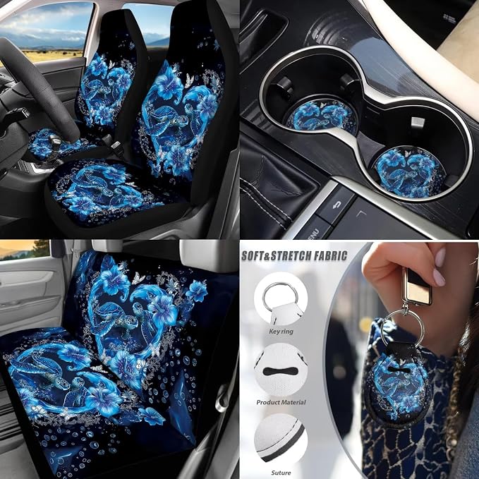 Sea Turtle Car Accessories Set 17 Pack Blue Turtle Car Seat Covers Full Set with Animal Car Mats Full Seat Belt Pads Steering Wheel Covers Car Seat Accessory Protector for Women Man
