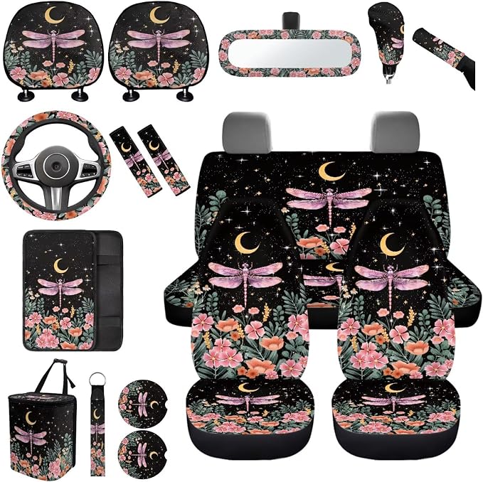 17 Pack Dragonfly Car Seat Covers Full Sets for Women,Starry Sky Dragonfly Car Interior Aaccessories with Pink Head Rest Covers,Steering Wheel Cover,Seat Belt Cover Pad,Armrest Pad,Cup Mats