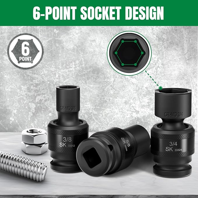 SK 3/8" Drive Universal Swivel Impact Socket Set, SAE Socket Set, 8-Piece, Premium CR-MO Steel, SureGrip 6 Point Design, with Storage Case