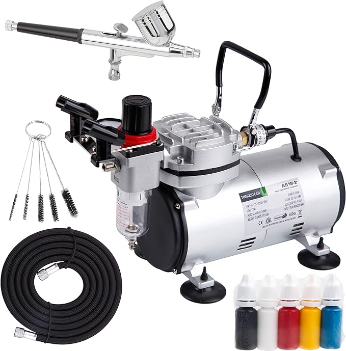 Timbertech Airbrush Kit With Compressor AS18-2K Basic Start Kit With Air Hose, Cleaning Brushes, and Test Paints for Hobby, Body Tattoo, Model painting, Automotive Graphic, Make-up