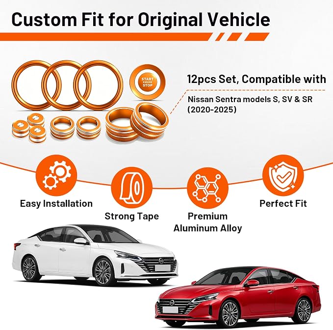Interior Decoration Accessories for Nissan Sentra (2020-2025) - 12-Pieces Aluminum Alloy Ring Knob Cover Trim, Fits Push Start, A/C, Air Vent, & Volume Tune, 12PCS Set, Orange
