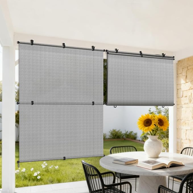 Coarbor Outdoor Roller Shades 6'W x 10'H Porch Sun Shades Outdoor Roll Up Blinds for Patio Porch Gazebo Balcony Backyard, Light Grey