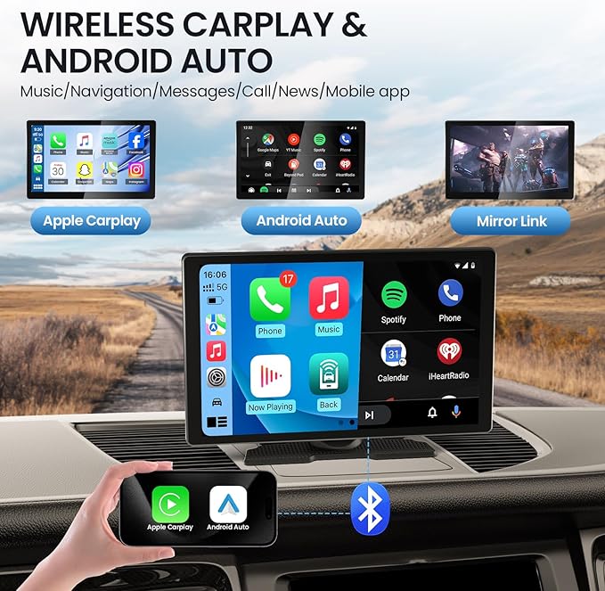 TECXERLLON 9.0'' Carplay Screen for Car, Portable Car Stereo with Apple Carplay & Android Auto, Car Audio Receivers with Mirror Link, Screen for All Vehicles(No Camera)