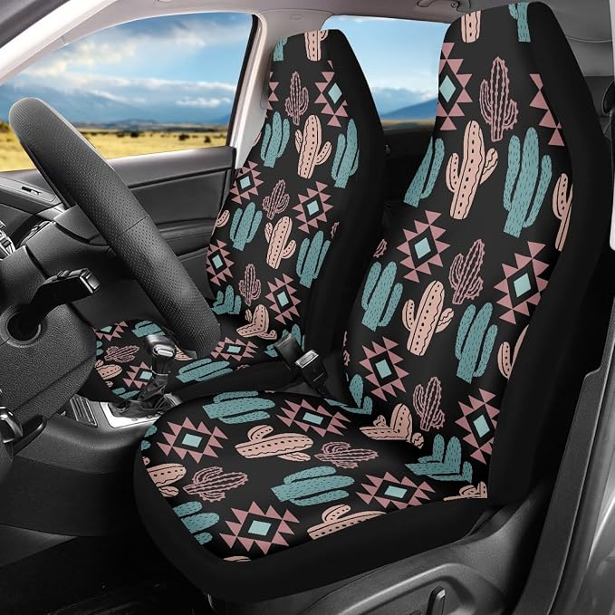 Howilath Aztec Southwest Cactus 10pcs Car Front Seat Covers/Steering Wheel Cover/Seatbelt Pads/Keychain/Armrest Cushion/Coasters Vehicle Seat Protector Accessories