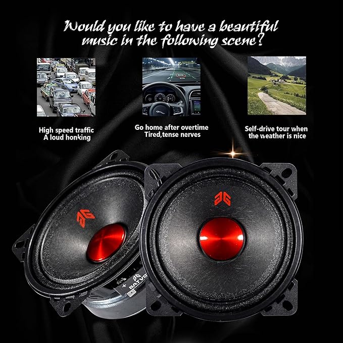 MX40P1 Midrange Loudspeaker 4" Red Dust Cap, 120W Max, 4 Ohms, Premium Quality Audio Door Speakers for Car or Truck Stereo Sound System, Black (2 Speaker)