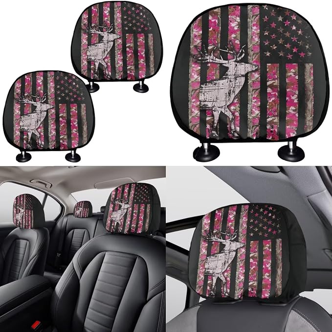 KEIAHUAN Car Seat Covers Full Set 11 PCS Branch Deer Camo Hunting Design with Handbrake Gear Shift Knob Cover/Steering Wheel Cover/Car Coasters/Headrest Cover Fit Most Van Sedan Truck SUV