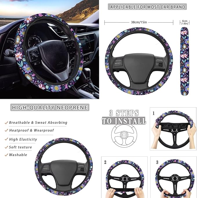 Wanyint Hippie Flower Lotus Blue Purple Car Seat Cover Full Set, Soft Car Seat Protector with Steering Wheel Cover Shift Knob Handbrake Cover Coasters Headrest Cover Universal Fit Most Cars