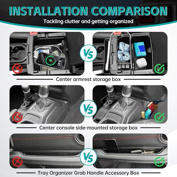 4PCS Center Console Organizer Combo Kit Compatible with 2024 2025 2026 Jeep Wangler JL JLU 4xe Rubicon Sahara & Gladiator JT Accessories, Armrest Storage Box & Grab Bar Tray & Gear Shift Tray