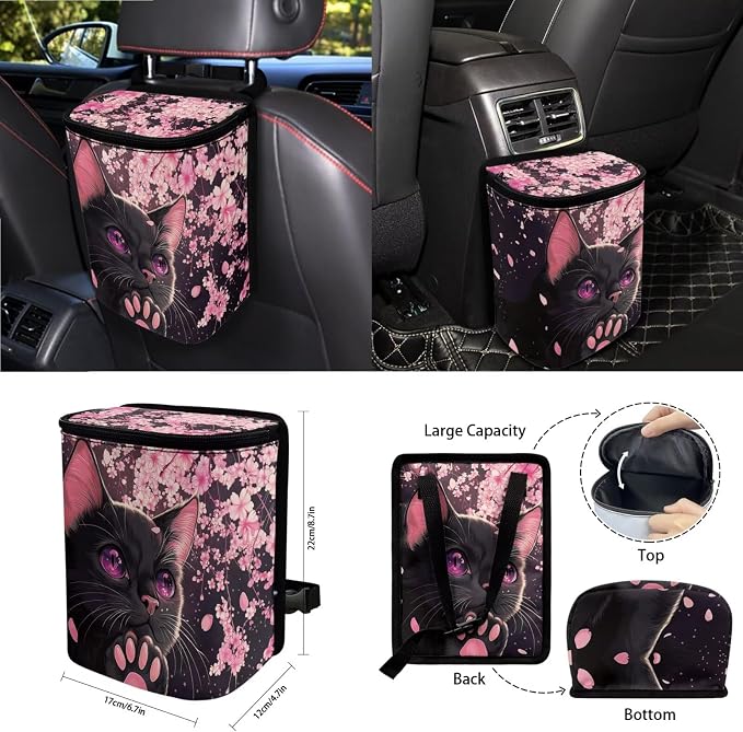 Cat Print Automotive Seat Covers Full Set of 15 Cherry Blossom Print Front Rear Seat Cover Steering Wheel Cover Safety Belt Pads Garbage Bag Car Air Vent Organizer Cup Cushions