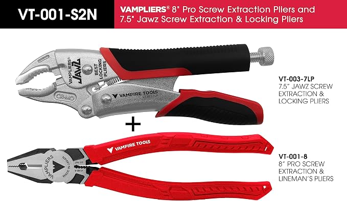 VAMPLIERS 2-PC Specialty Screw Extraction Pliers Set: Includes JAWZ 7.5" Vise-Grip Locking Pliers + 8" PRO Linesman Pliers with Wire Cutter: VT-001-S2N.