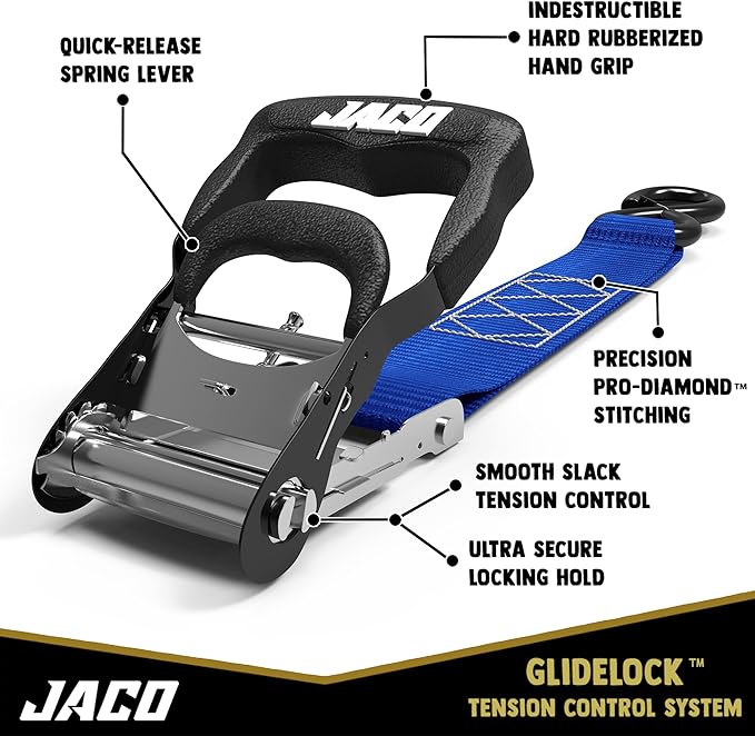 JACO Heavy Duty Ratchet Straps - 1.6 inch x 8 ft (Pack of 4) | Tie Down Kit with Soft Loops - 5,208 lbs (Blue)