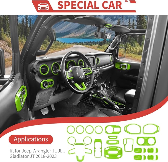 23pcs Full Set Interior Trim Kit for Jeep Wrangler JL JLU Gladiator JT 2018-2023 Steering Wheel Door Handle Air Conditioning Vent Cup Holder Reading Light Headlight Gear Cover, Light Green