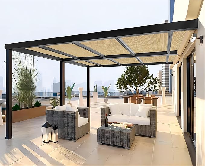 Shatex Shade Panel 12' x 16' Block 90% of Sunlight with Ready-tie up Ribbon for Pergola Gazebo Porch, Wheat