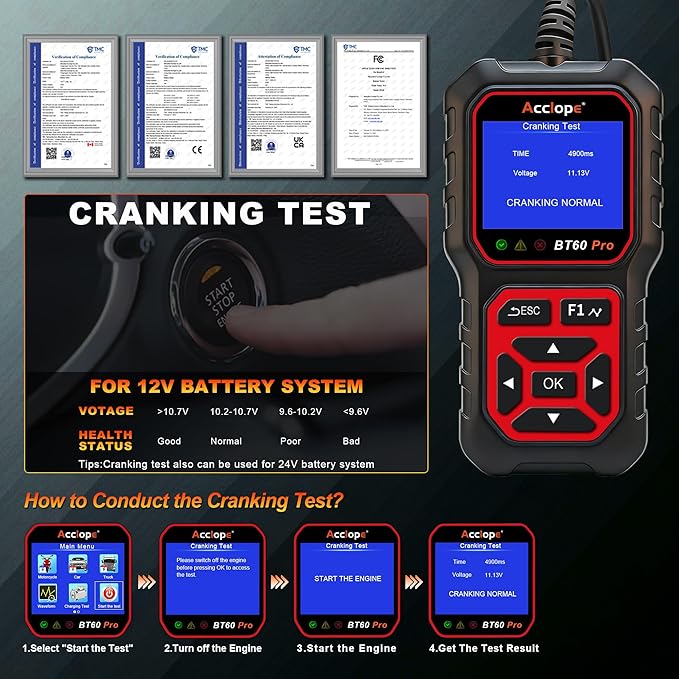 BT60 PRO Car Battery Tester 6V/12V/24V, 2–120Ah, 100–3000 CCA, AGM/Gel/Lithium, Digital Analyzer, QR Cloud Report (No App), Alternator & Starter/Charging System