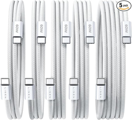 LISEN USB C Cable, 5-Pack [3.3/3.3/6.6/6.6/10FT] USBC to USBC Cable for iPhone 16e 15 Pro Max Charger Cord, 60W (3.1A) C to C Cable Fast Charging for Samsung S25/S24/23, Switch 2, iPad, MacBook,White