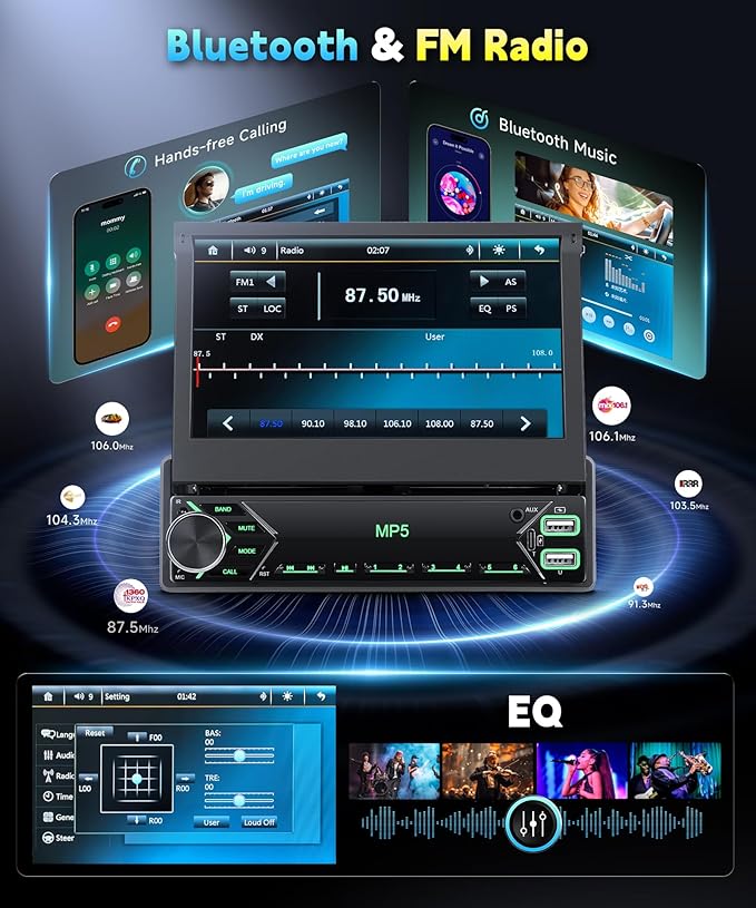 7 Inch Flip Out Touchscreen Car Stereo-Single DIN with Bluetooth 5.0, Mirror Link, Backup Camera & Type-C Fast Charging | Compatible with Most Vehicles