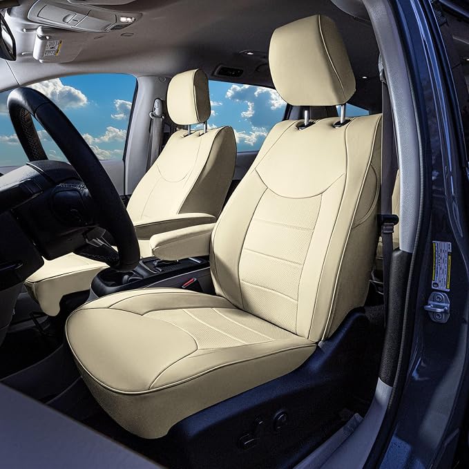 FH Group Custom Fit Car Seat Cover Specifically Made for Chrysler Pacifica 2017-2024 - Front Set (No Built-in DVD with Armrest), Faux Leather, Solid Beige
