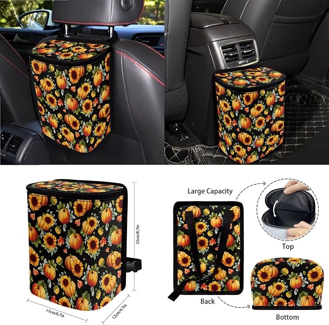 Sunflower Pumpkin Pattern Front and Back Seat Protector, Steering Wheel Cover Seat Belt Pads Trash Can Air Vent Storage Bag Keychain Thanksgiving Decor