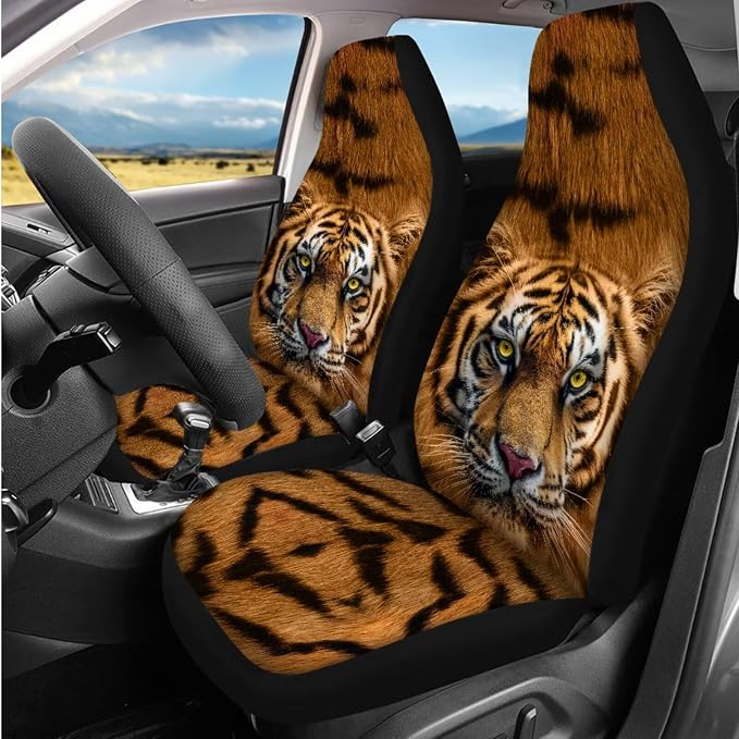 Bulopur Tiger Print Automotive Seat Covers Full Set with Car 15 Inch Steering Wheel Cover Elastic Armrest Cushion Pad Vehicle Seat Belt Cushion Pad Keychain Auto Interior Accessories Set 14 Piece