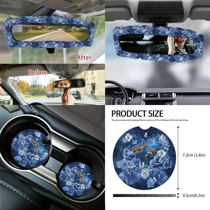 Sea Turtle Print Car Interior Cover Set Hibiscus Butterfly Print Car Front and Rear Seat Covers Steering Wheel Cover Armrest Pad Safety Belt Pads Rear View Mirror Protector, 14Pcs