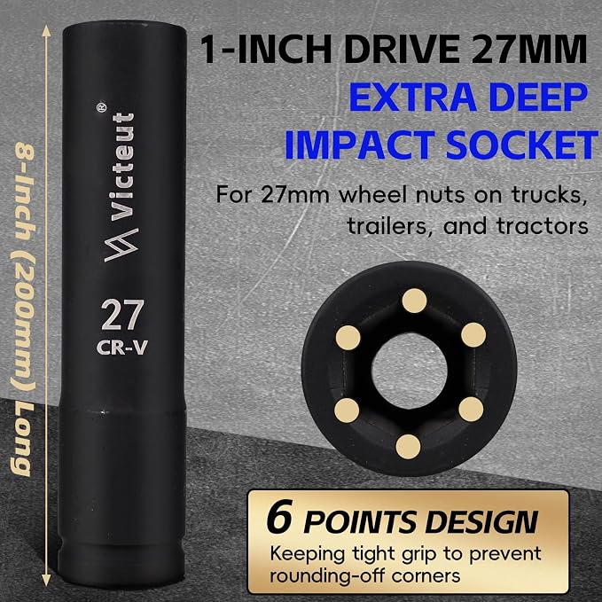 1-Inch Drive 27mm Extra Deep Impact Socket，8-Inch (200mm) Long，6-Point Truck&Trailer&Tractor Wheel Nut Socket, Heat Treated Cr-V Alloy Steel, One-Piece Forged, No Torque Loss