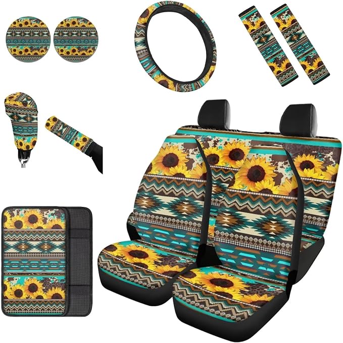 Dreaweet Sunflower Aztec Seat Covers for Cars,Green Car Seat Covers Full Set with Steering Wheel Cover/Armrest Cover/Seatbelt Covers/Car Coasters/Gear Shift Cover/Handbrake Cover,12 Pcs Set