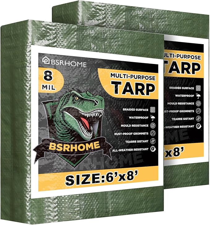 Tarps Waterproof 6x8 Feet, 2 Pack Heavy Duty Green Tarp Cover 8 Mil Thick, Resistant Plastic Tarpaulin with Metal Grommets, Outdoor Tent Cover for Emergency Rain