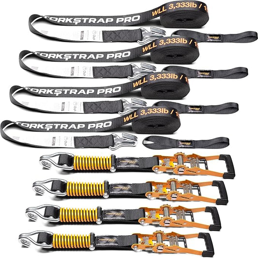 TorkStrap Pro 25' x 2'' Self Tensioning Ratchet Straps (10,000LB Break Strength) - Adjusts to Load Shifts - Heavy Duty & Industrial Use - Extra Soft Loops - Heavy UTV, Cargo, ATV, Trucks (4-Pack)