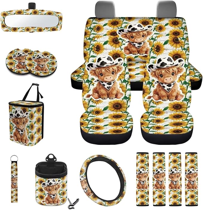 Wanyint 15 PCS Car Seat Covers Full Set with Steering Wheel Cover Seat Belt Pads Trash Bin Sunglass Pocket Rear View Mirror Protector Coasters Key Chain, Cowboy Highland Cow Sunflower
