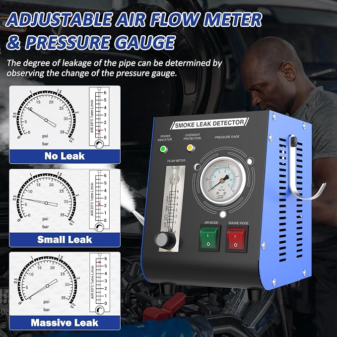 Automotive Smoke Machine, 12V DC Upgrade Leak Detector with Built-in Air Pump, Pressure Gauge & Flow Meter (YW01)