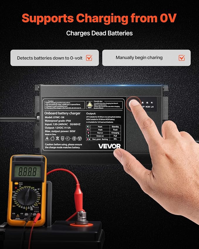 VEVOR Marine Battery Charger, 1-Bank, 5A 12V Onboard Boat Charger, IP68 Waterproof Smart On-Board Battery Charger, for Lithium-Ion (LiFePO4), NCM, Lead-Acid Batteries, Large Boat, Yacht, RV, Trailer