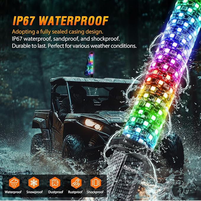 Nilight LED Fat Whip Light 1PC 2FT RGB Lighted Antenna Whips with Remote & App Control DIY Chasing Patterns Brake Reverse Lights for ATV UTV Polaris RZR Can-am Dune Buggy Pickup Trucks Jeep