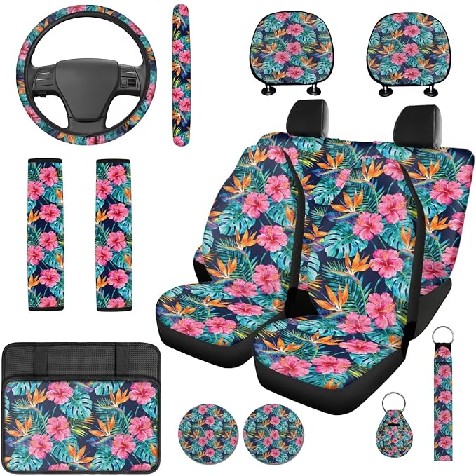 Bulopur Tropical Hibiscus Floral Car Seat Covers Full Set with Steering Wheel Cover Universal Center Console Cover Breathable Seat Belt Pads 14 Piece Automotive Interior Accessories Set