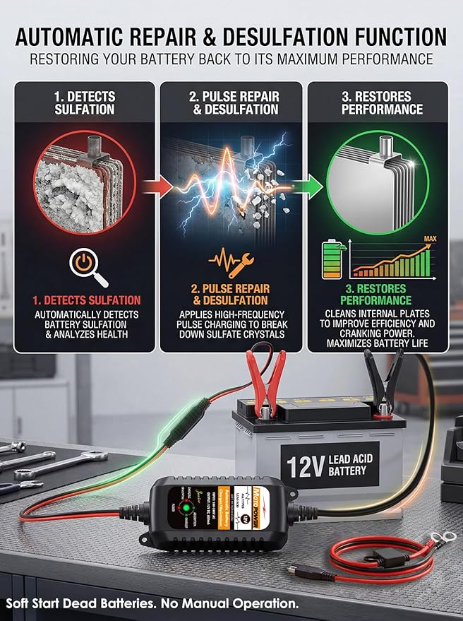 MOTOPOWER MP00205A 12V 800mA Automatic Battery Charger, Maintainer, Trickle and Desulfator