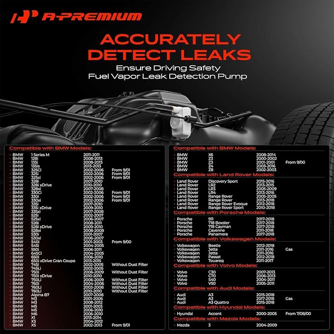 A-Premium EVAP System Vapor Leak Detection Pump Compatible with BMW 3 Series, 5 Series, 7 Series, M Series & Volkswagen Jetta, Passat, Beetle & Mazda 3 & Hyundai Accent & Audi & Volvo & Land Rover